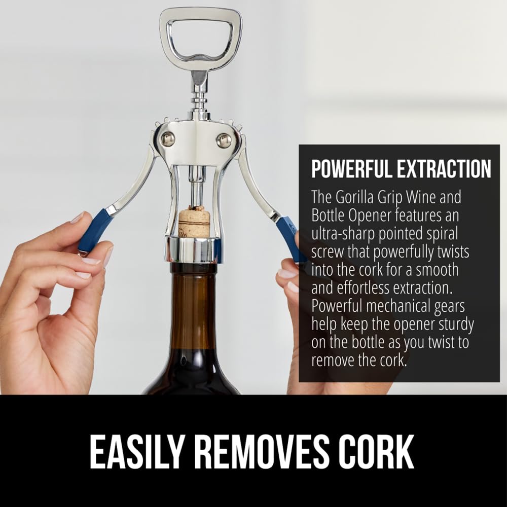 GORILLA GRIP BPA-Free Premium Wine Opener, Easy to Use Smooth Zinc Alloy Wing Corkscrew, Multifunctional Bottle Openers Remove Corks, Caps, Sharp Cork Screw, Dishwasher Safe, Bar Essentials, Black