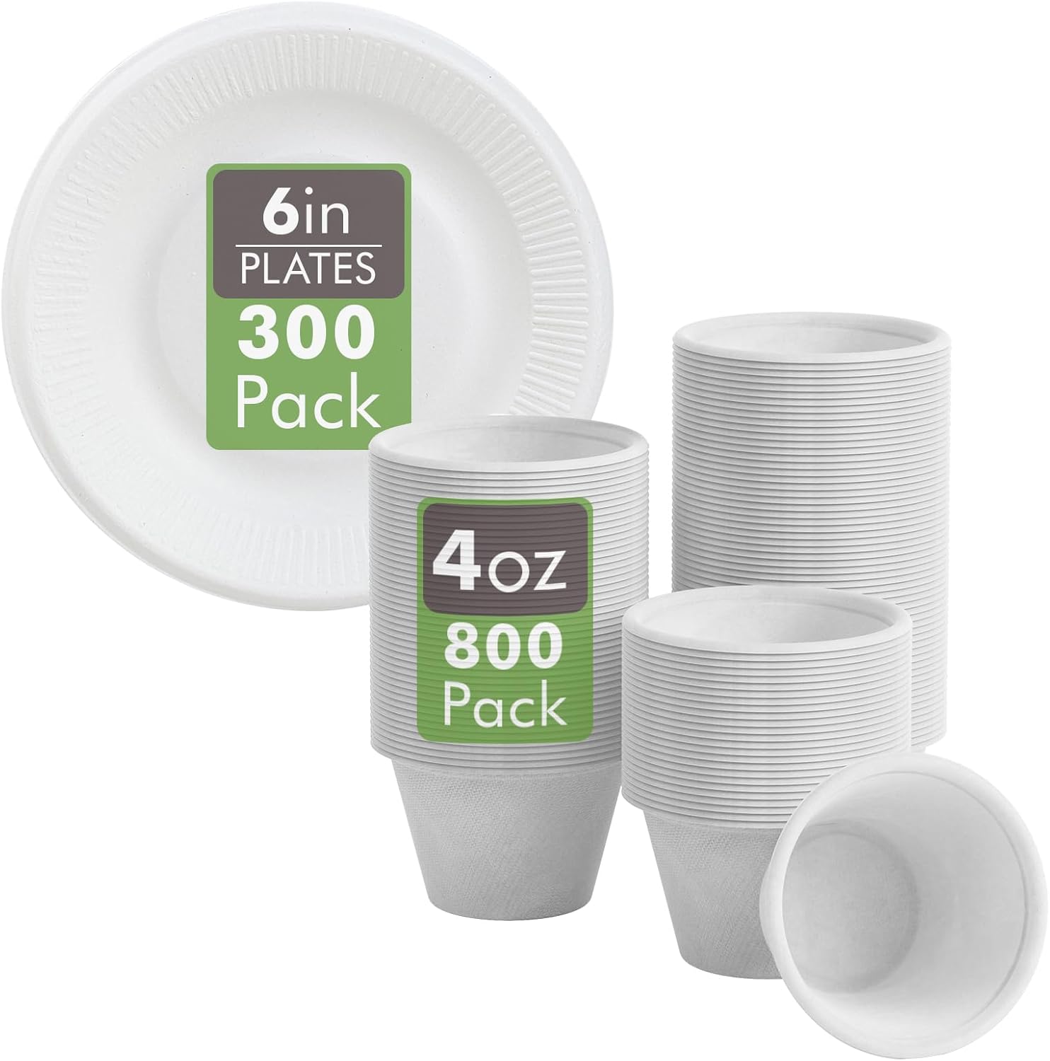 Vplus 300 Pack Compostable Disposable Paper Plates 6 inch and 800 Pack 4 OZ Disposable Souffle Cups