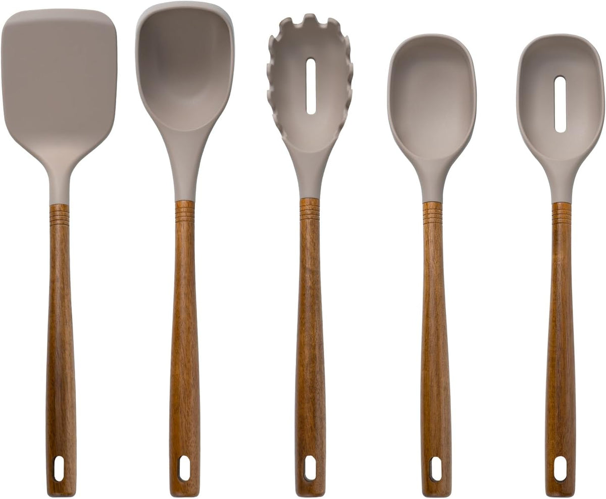 5-Piece Silicone Kitchen Utensil Set with Acacia Wood Handles, Brown