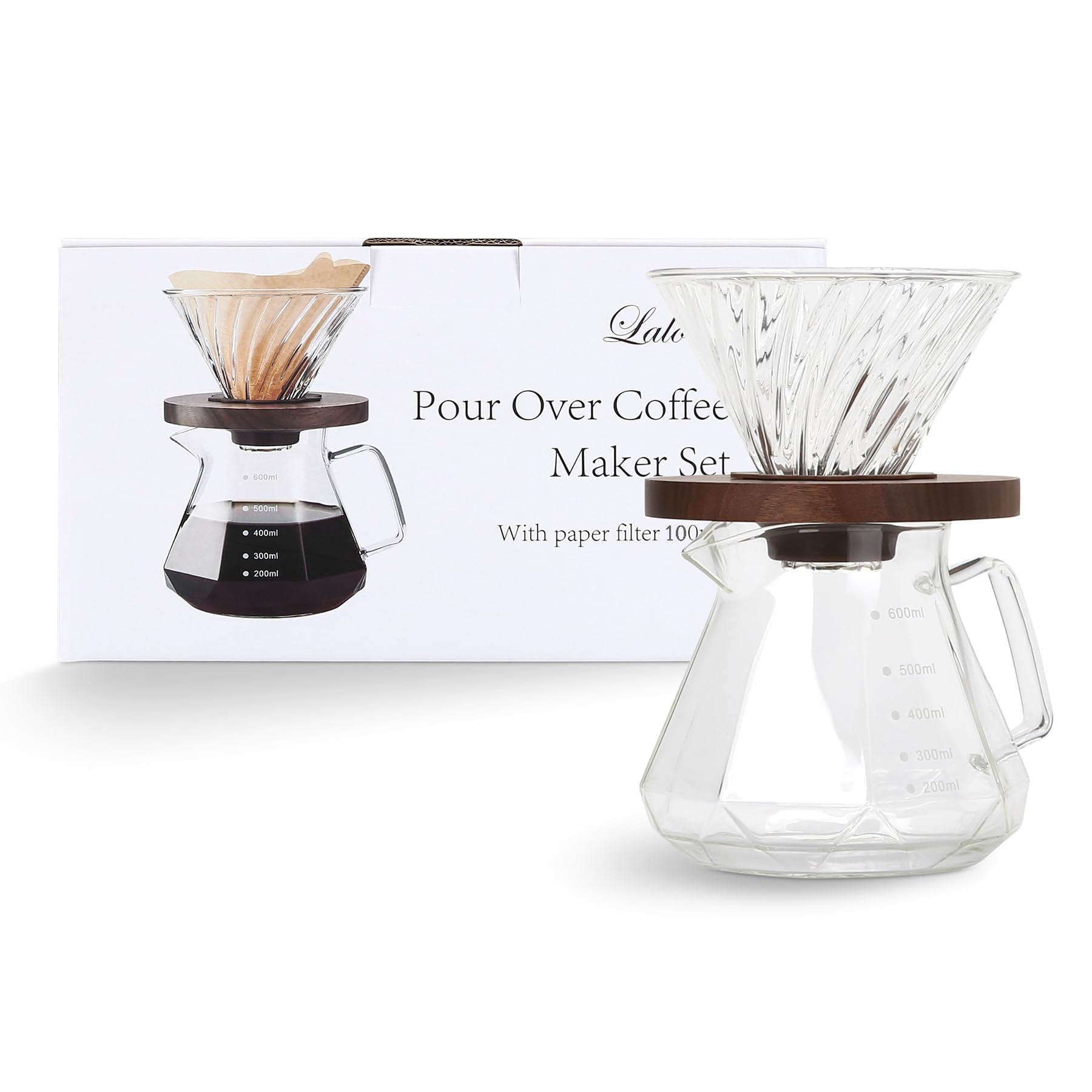 Lalord Pour Over Coffee Maker, 20 oz Borosilicate Glass Carafe with 100 pcs V60 Paper Filter by Gsform, Walnut Handle & Glass Lid, Drip Coffee Maker for Home Café Restaurant Camping, 600 ml, Clear