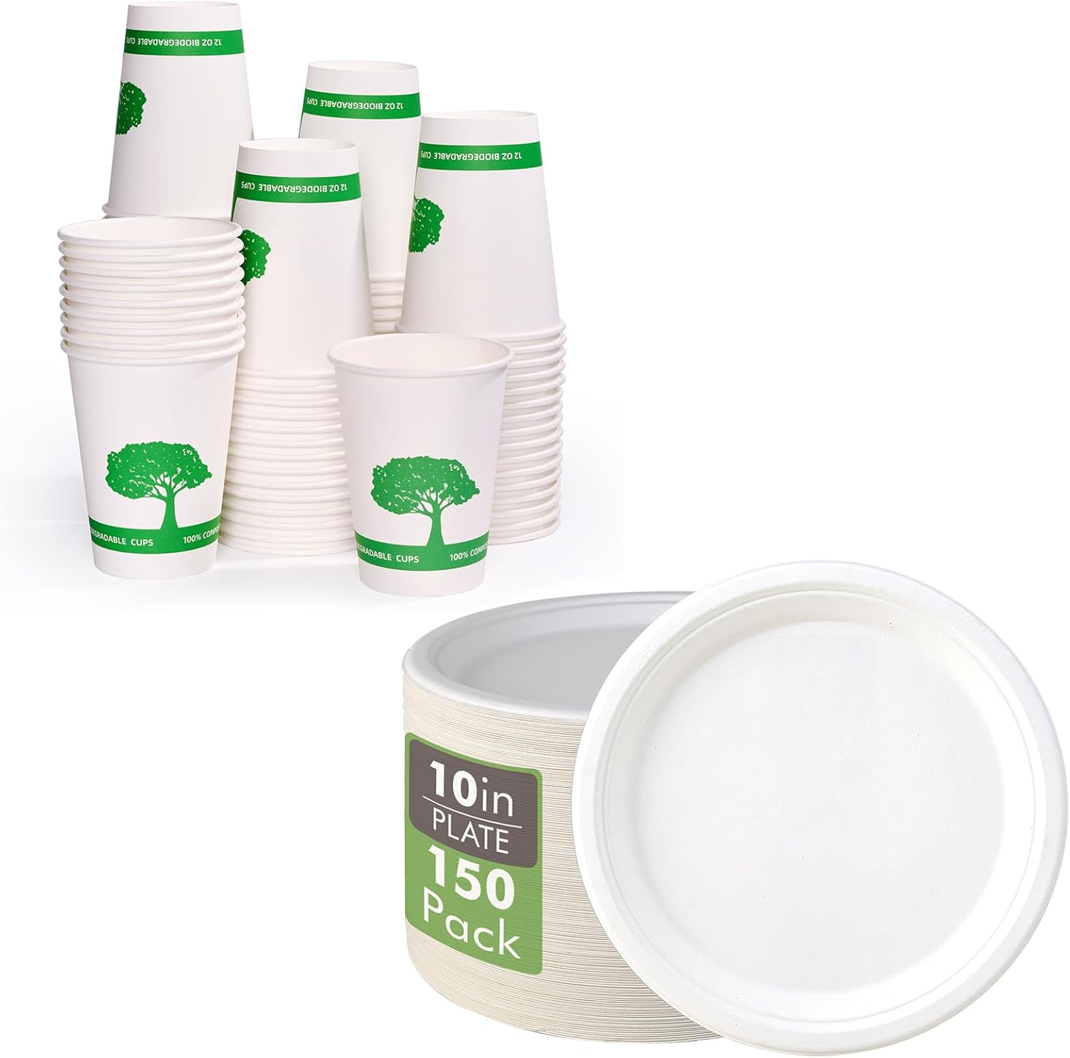 Vplus 150 Pack Compostable Disposable Paper Plates 10.25 inch and 270 Pack 12 oz Compostable Paper Cups