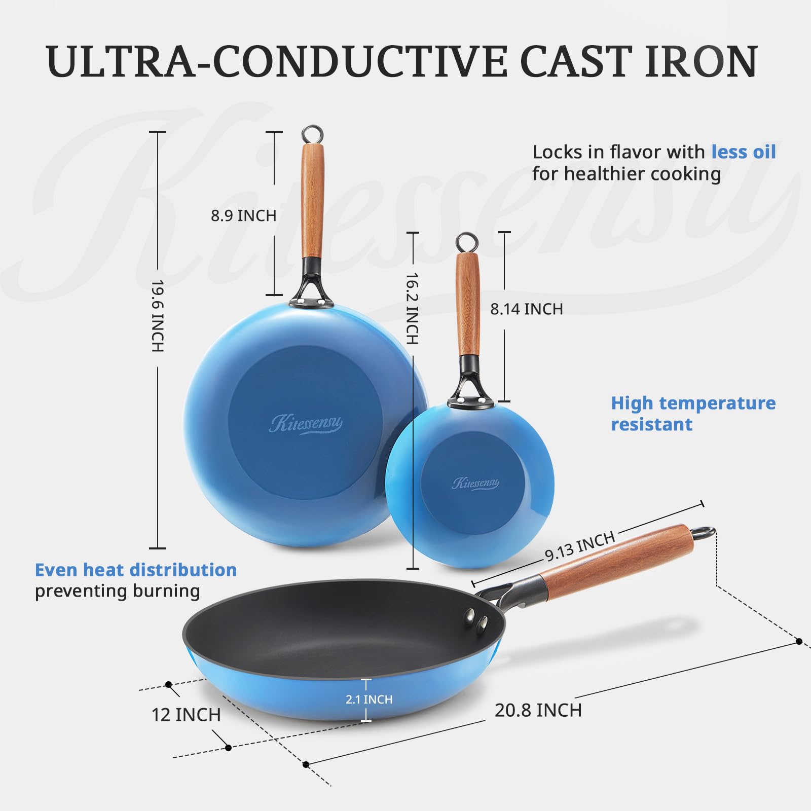 KITESSENSU Enameled Cast Iron Skillets - Non Stick Frying Pans Set with Durable Wooden Handle - 10&12 Inch Titanium Cast Iron Pans for Multi-Cooking - Pre Seasoned Cookware Set - Gradual Cobalt Blue