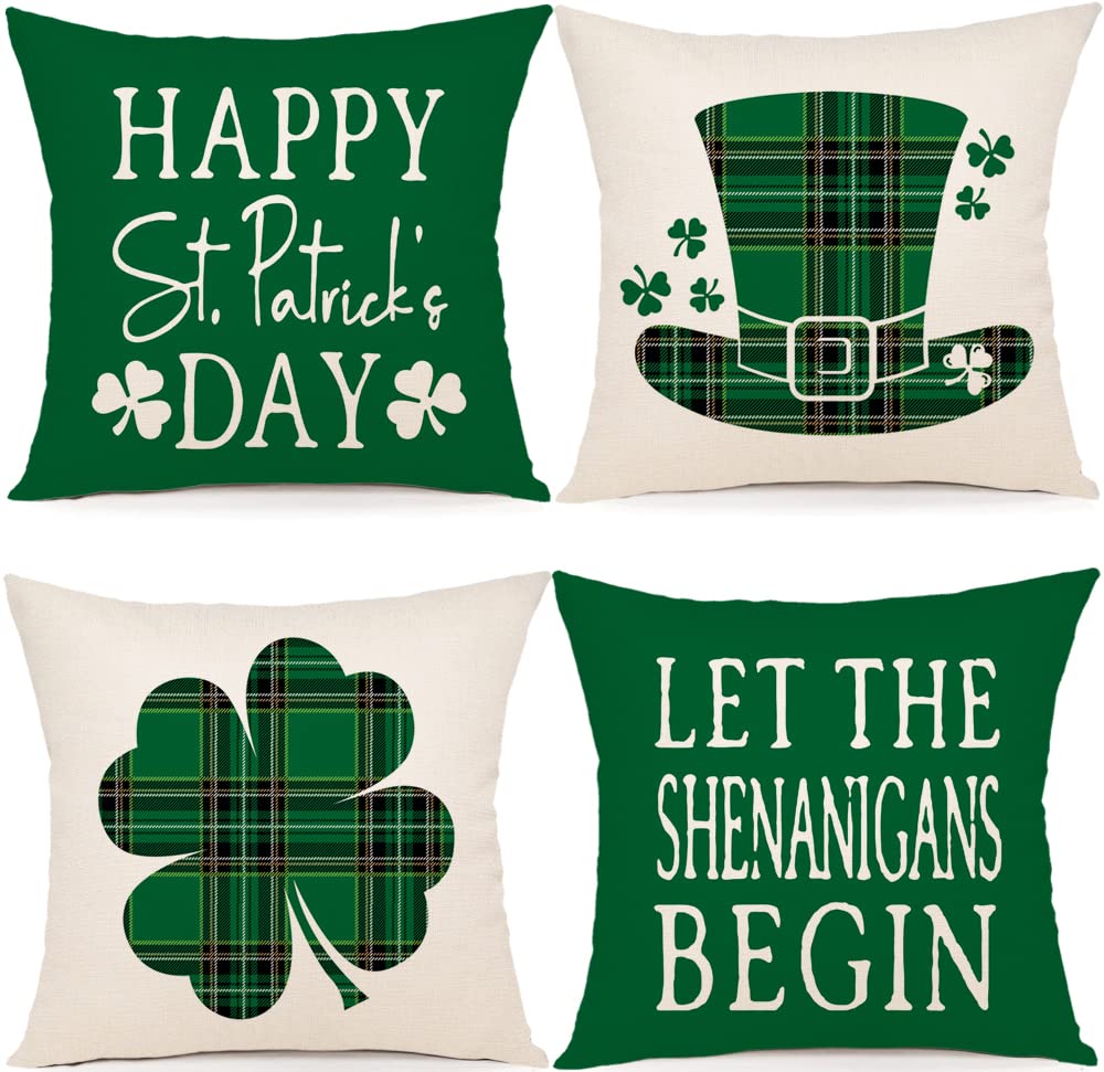 YCOLL St Patricks Day Decorations Throw Pillow Covers 18x18 Set of 4 Scottish Tartan Plaid St Patricks Day Hat Farmhouse Classic Decorative Square Cushion Cases for Sofa Couch