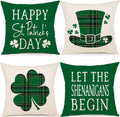 YCOLL St Patricks Day Decorations Throw Pillow Covers 18x18 Set of 4 Scottish Tartan Plaid St Patricks Day Hat Farmhouse Classic Decorative Square Cushion Cases for Sofa Couch