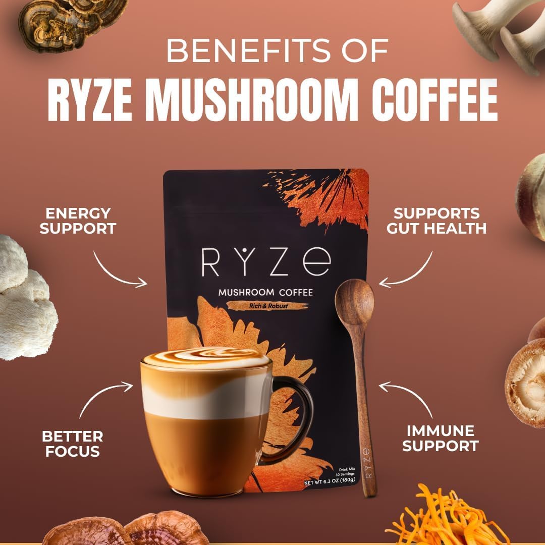 RYZE SUPERFOODS Mushroom Medium Roast Coffee Starter Kit, USDA Organic Instant Coffee with 6 Adaptogenic Mushrooms and for Energy, Focus, Digestion, Immunity with Lions Mane & Turkey Tail 60 Serving