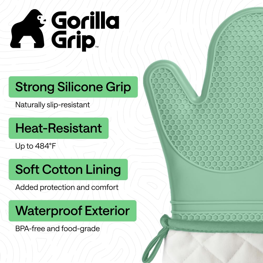 GORILLA GRIP BPA-Free Soft Silicone Oven Mitts, Heat Resistant and Waterproof Cooking Safety Gloves, Thick Cotton Lining, Flexible Gripping, Kitchen Potholders Set, for Grilling, BBQ, 12.5x8.3, Black