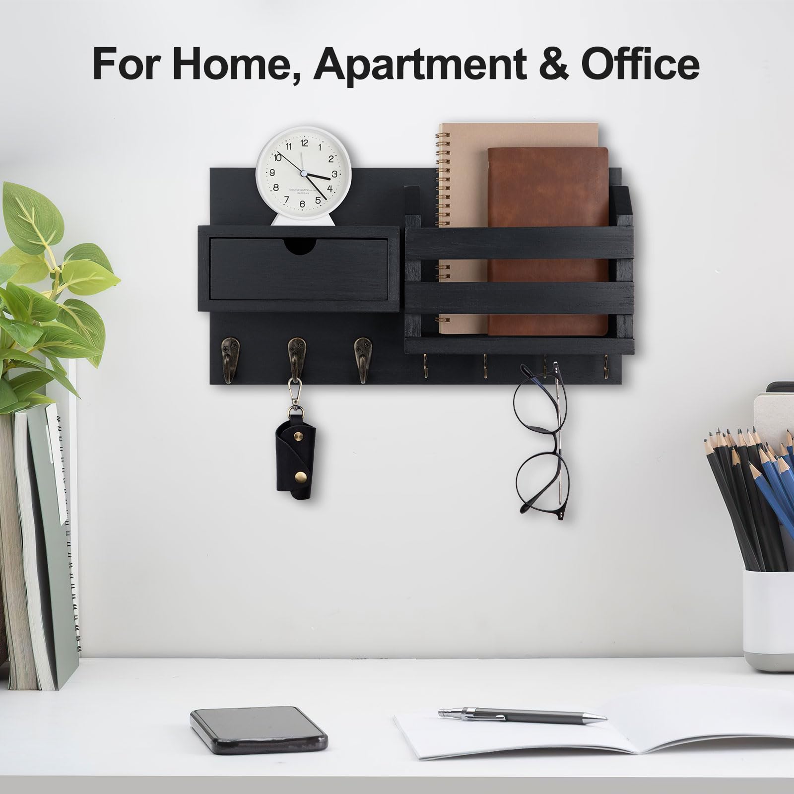 Wall Mount Key Holder with Mail Organizer, 100% Paulownia Wood, 7 Metal Hooks, Storage Drawer, Entryway Home Decor (Brown)