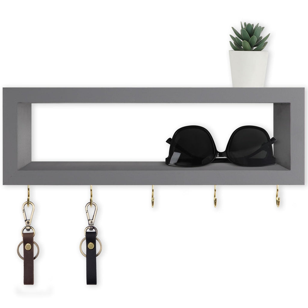 Wall Shelf with Hooks - Decorative Key and Wallet Holder for Wall Holds Sunglasses, Leashes, Scarves and Lanyards - 15.7" x 5.1" x 2.9" Entryway Organizer Made of Paulownia Wood (White)