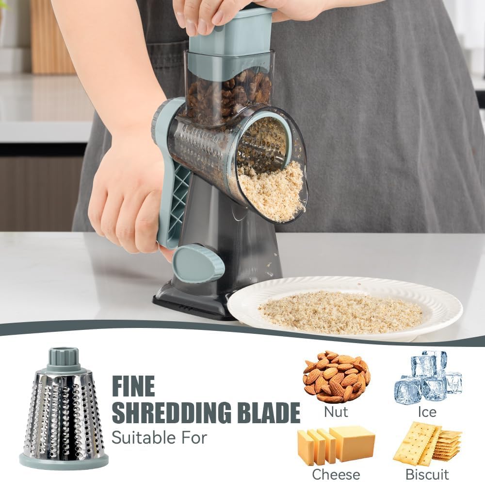 KEOUKE Rotary Cheese Grater with Handle Vegetable Cheese Shredder Slicer Grater with Bacon Grease Keeper with Strainer - 1.6L/7Cup Iron Grease Holder Bacon Grease Container with Strainer