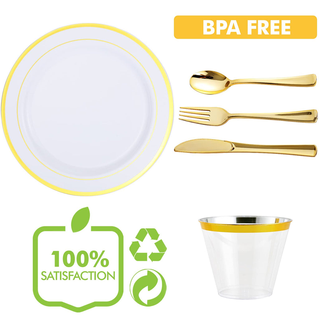 Vplus 600 Count Gold Dinnerware Set, 200 Plastic Plates, Set of 300 Silverware, 100 Cups, Disposable Gold Plastic Dinnerware for Party or Wedding