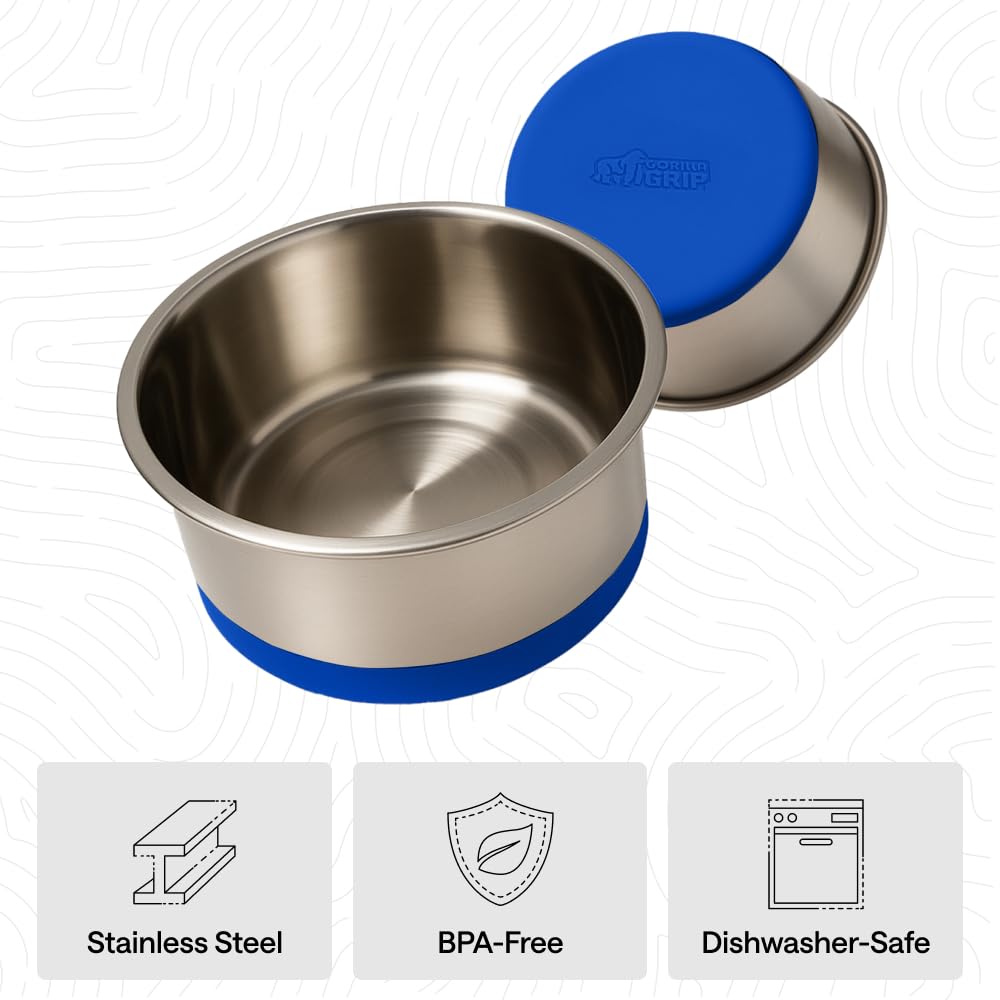 GORILLA GRIP Dog Bowls, Heavy Duty 304 Stainless Steel, Holds 2 Cups Each (16 fl oz) Food and Water Bowl for Feeding Dogs and Cats, Dishwasher Safe, Rust Resistant, BPA Free Rubber Base Set of 2 Black