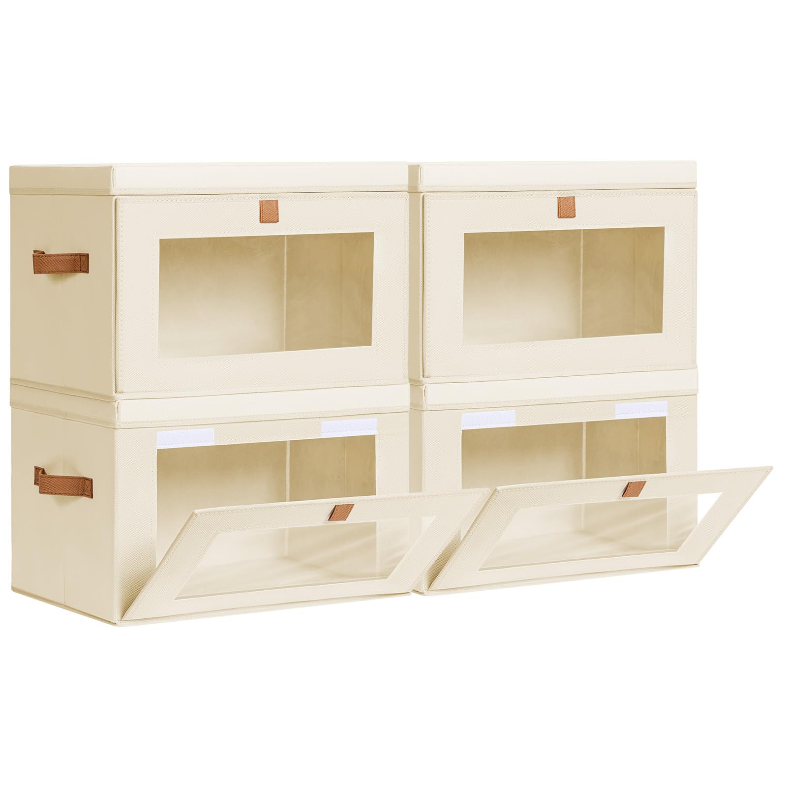 Homsorout Large Closet Storage Organizer - Clothes Storage Bins with Handles & Window, Collapsible Decorative Boxes with Lids, Fabric Containers for Living Room, Dorm, 2 Pack, Beige