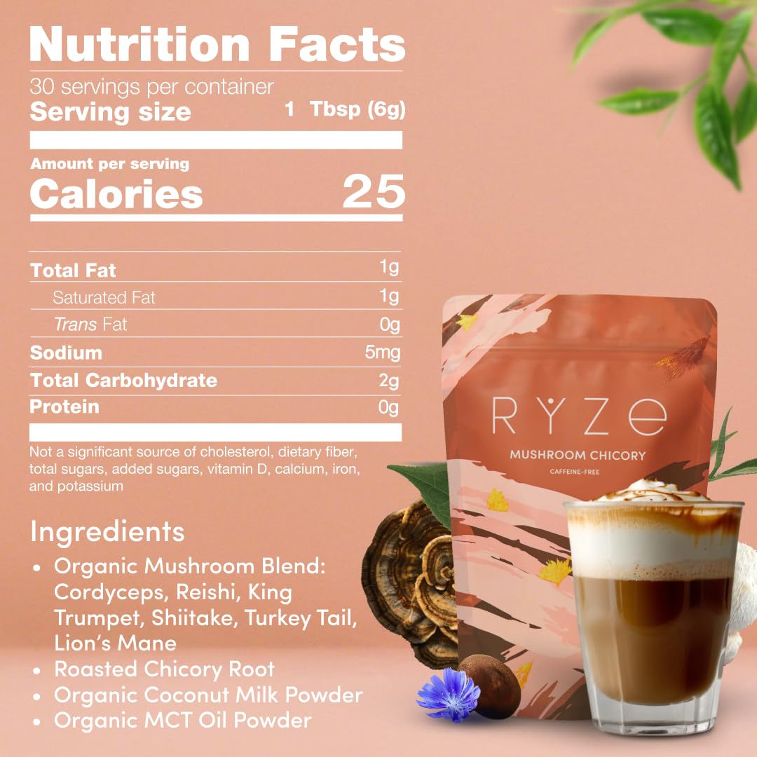 RYZE SUPERFOODS Mushroom Medium Roast Coffee USDA Organic with 6 Adaptogenic Mushrooms, USA Grown Instant Coffee for Better Energy, Focus Digestion Immunity with Lions Mane & Turkey Tail 30 Servings