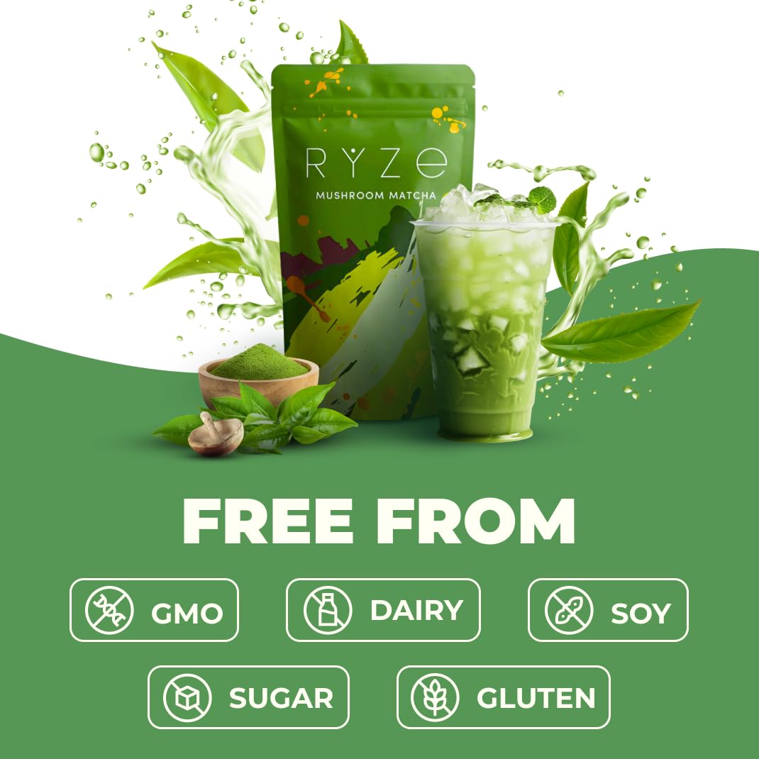 RYZE SUPERFOODS Mushroom Matcha Starter Kit, USDA Organic with 6 Adaptogenic Mushrooms and Ceremonial-Grade Matcha, Energy, Focus, Digestion, Immunity with Turkey Tail, Shiitake, Reishi (Matcha (Pack of 1))