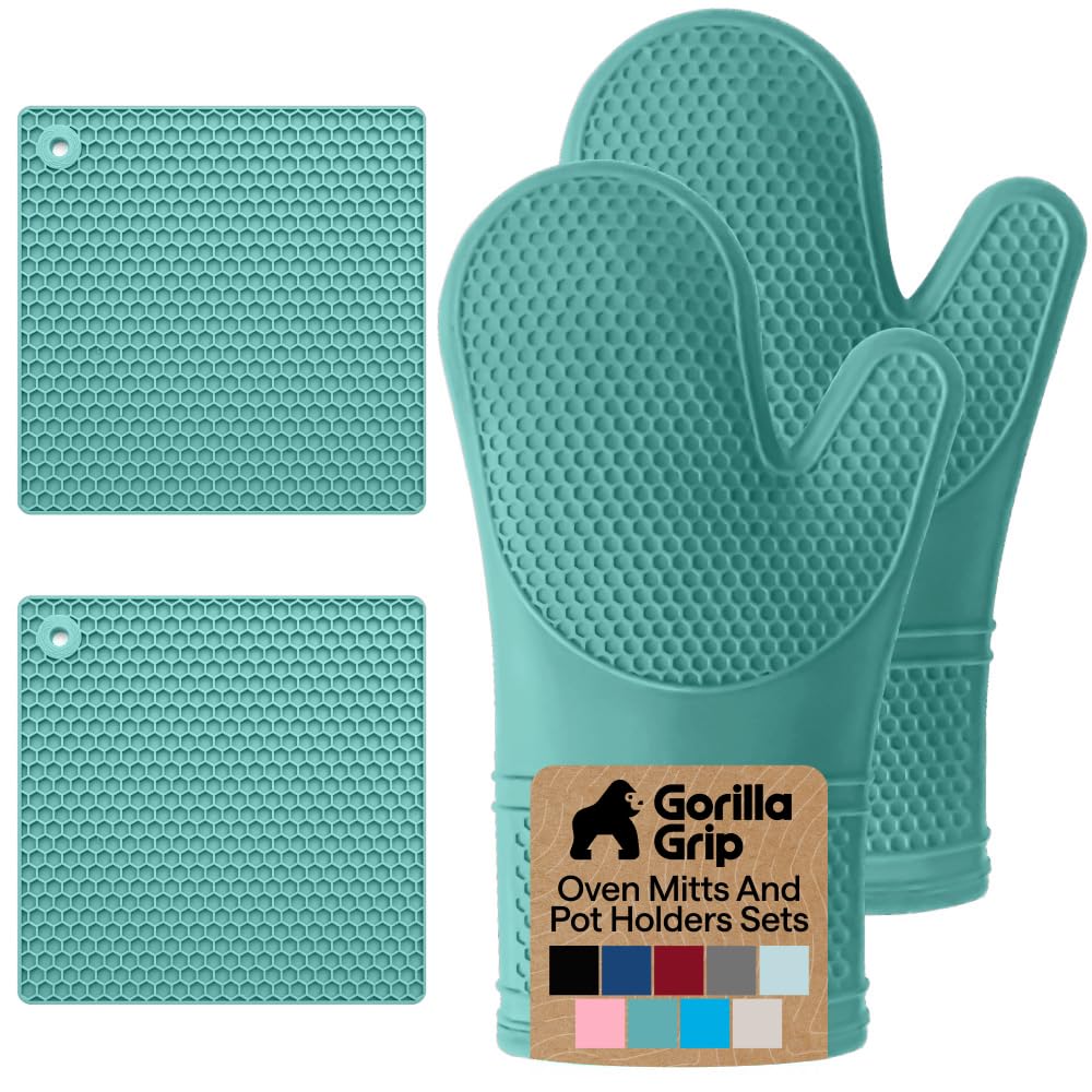 GORILLA GRIP BPA-Free Soft Silicone Oven Mitts, Heat Resistant and Waterproof Cooking Safety Gloves, Thick Cotton Lining, Flexible Gripping, Kitchen Potholders Set, for Grilling, BBQ, 12.5x8.3, Black