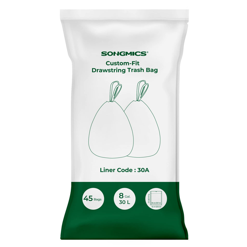 SONGMICS Trash Bags for 8-Gallon (30 L) Trash Cans, Drawstring Kitchen Garbage Bags, Pre-Separated, Liner Code 30A, 2 Rolls, 90 Count, White UKRB30A02