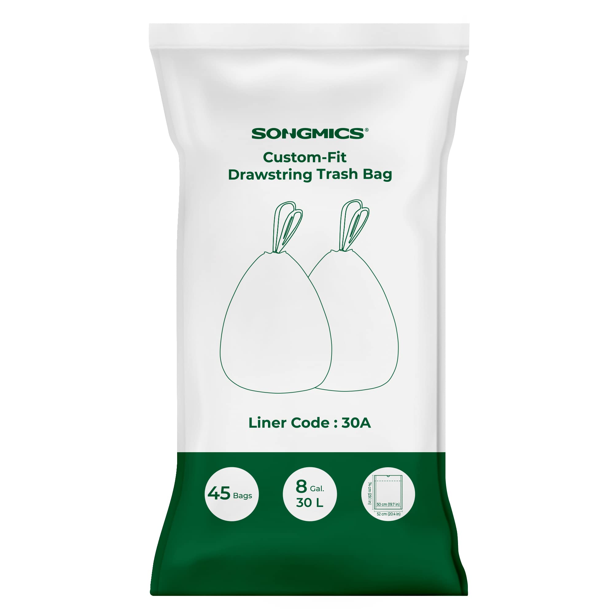 SONGMICS Trash Bags for 8-Gallon (30 L) Trash Cans, Drawstring Kitchen Garbage Bags, Pre-Separated, Liner Code 30A, 2 Rolls, 90 Count, White UKRB30A02