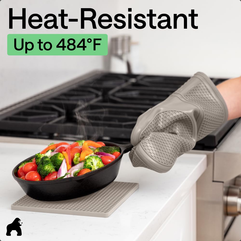 GORILLA GRIP BPA-Free Soft Silicone Oven Mitts, Heat Resistant and Waterproof Cooking Safety Gloves, Thick Cotton Lining, Flexible Gripping, Kitchen Potholders Set, for Grilling, BBQ, 12.5x8.3, Black