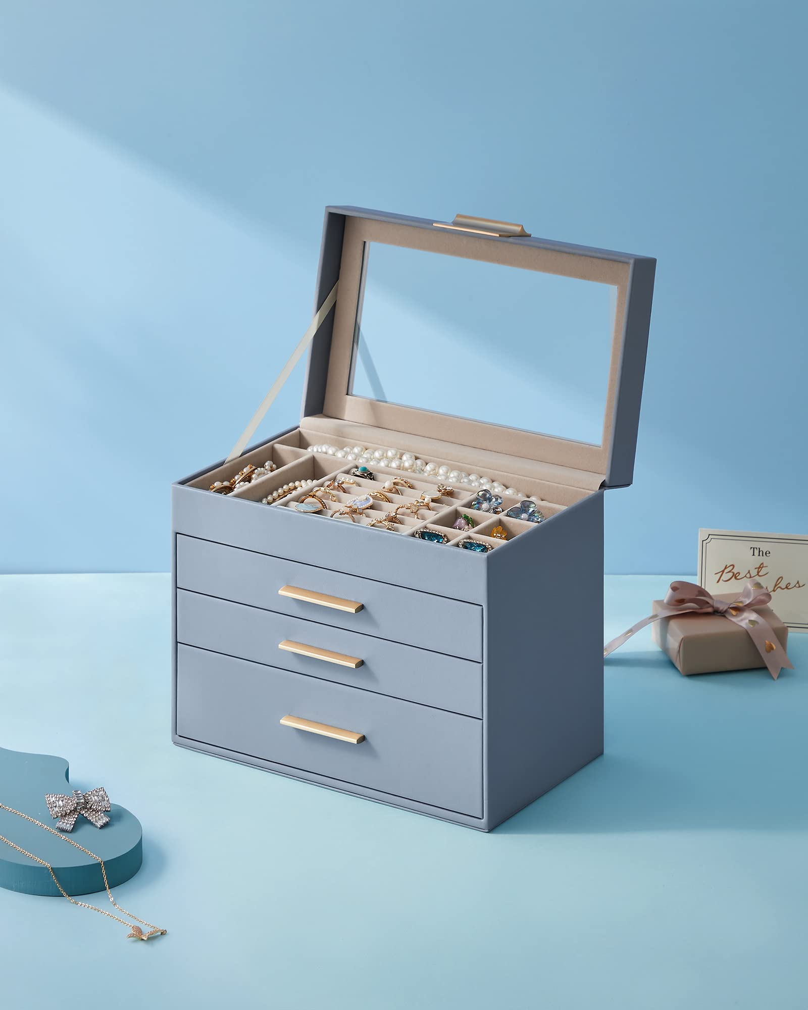 SONGMICS GISELLA Collection - Jewelry Box Organizer, 3-Layer Jewelry Storage with 2 Drawers, Shiny Metal Hardware, Glass Lid, Modern, 8 x 9.1 x 5.3 Inches, Cloud White and Gold Color UJBC239WT