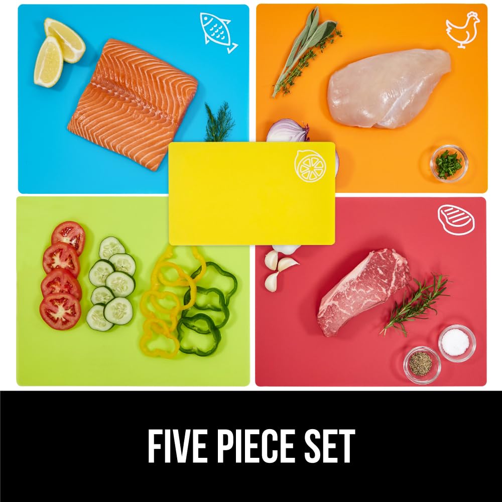 GORILLA GRIP 100% BPA-Free Flexible Cutting Board Set of 4, Durable Plastic Mats with Food Icons for Meal Prepping, Large Kitchen Chopping Mat, Use for Meat Fish Vegetables Fruit, 15x12, Multicolor