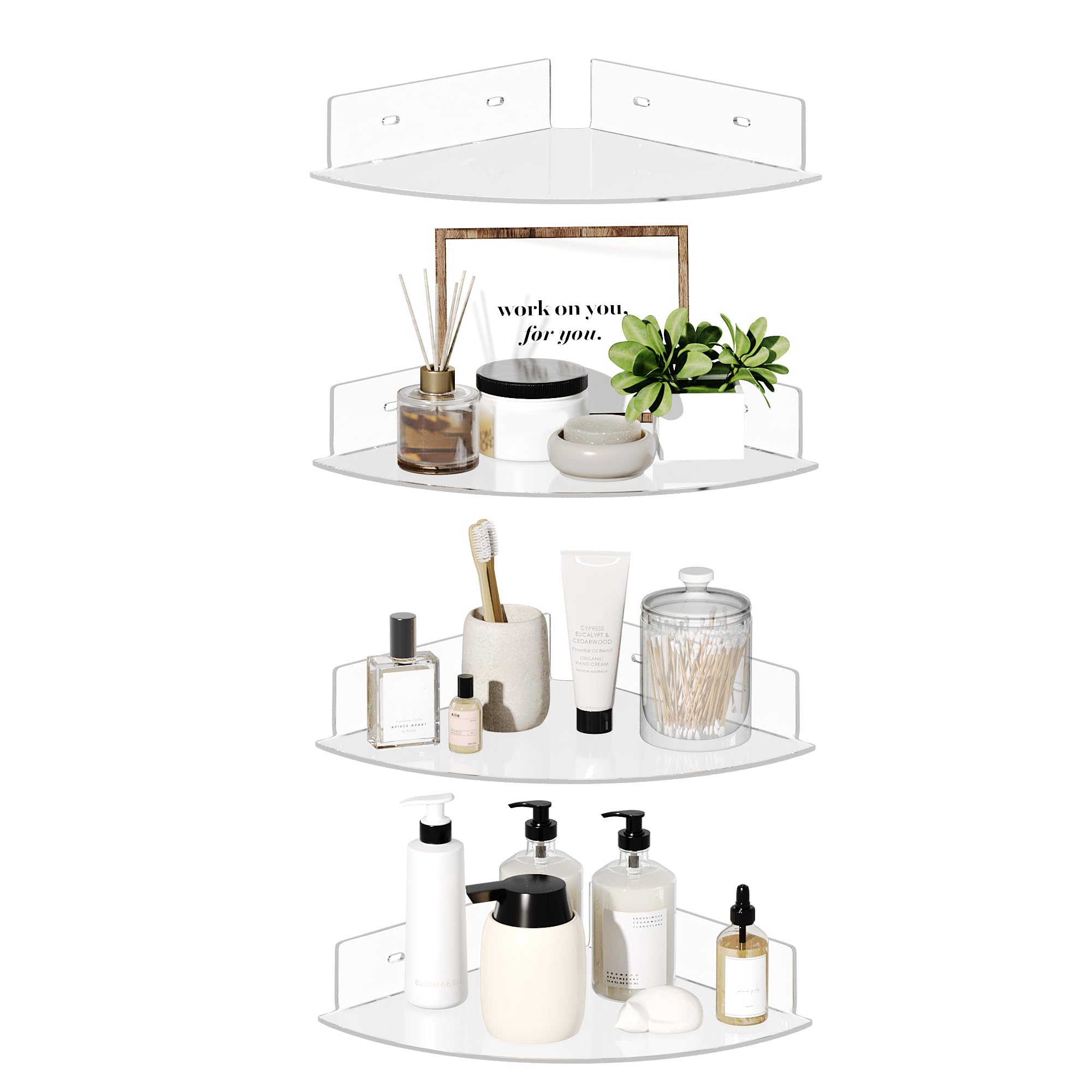 upsimples 4 Pack Acrylic Corner Floating Shelves, 10 in Clear Hanging Shelves with Cable Management Design, Wall Mounted Corner Storage Organizer for Bathroom, Bedroom, Living Room, Kitchen