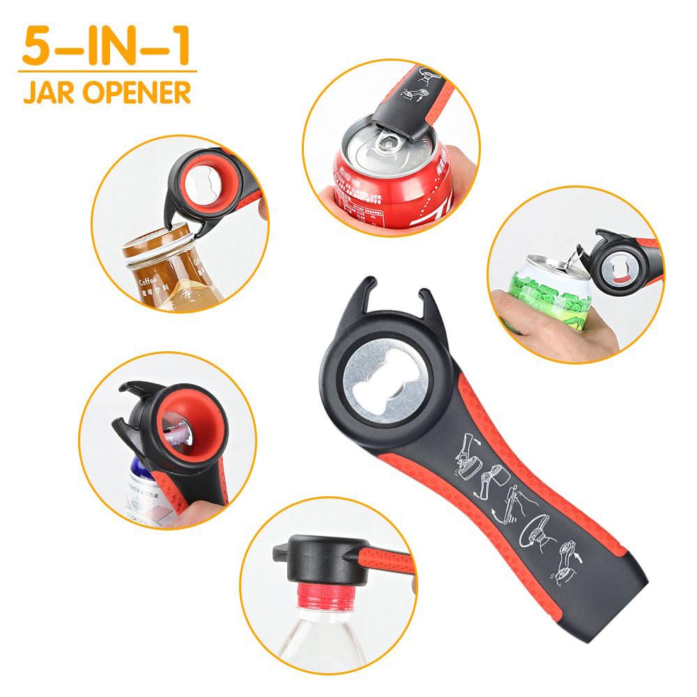 Otstar 6-in-1 Jar Opener & Bottle Opener Set for Weak Hands - Multi-Function Kitchen Opener Tool for Seniors with Arthritis, Elderly - Includes Jar Lid Gripper Pad, Corkscrew Opener