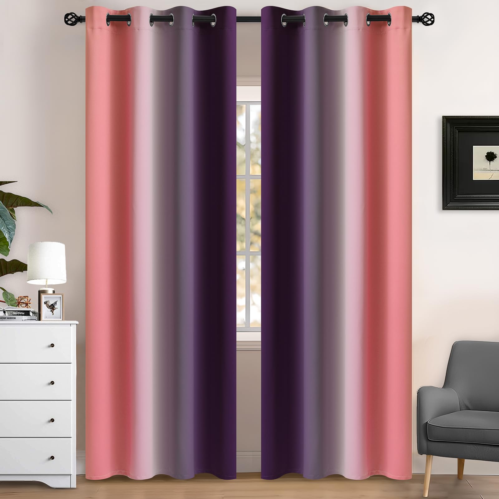 Yakamok Blue and Greyish White Ombre Curtains, Room Darkening Gradient Color Curtains for Bedroom, Light Blocking Thermal Insulated Window Drapes for Living Room(2 Panels, 52x84 Inch)