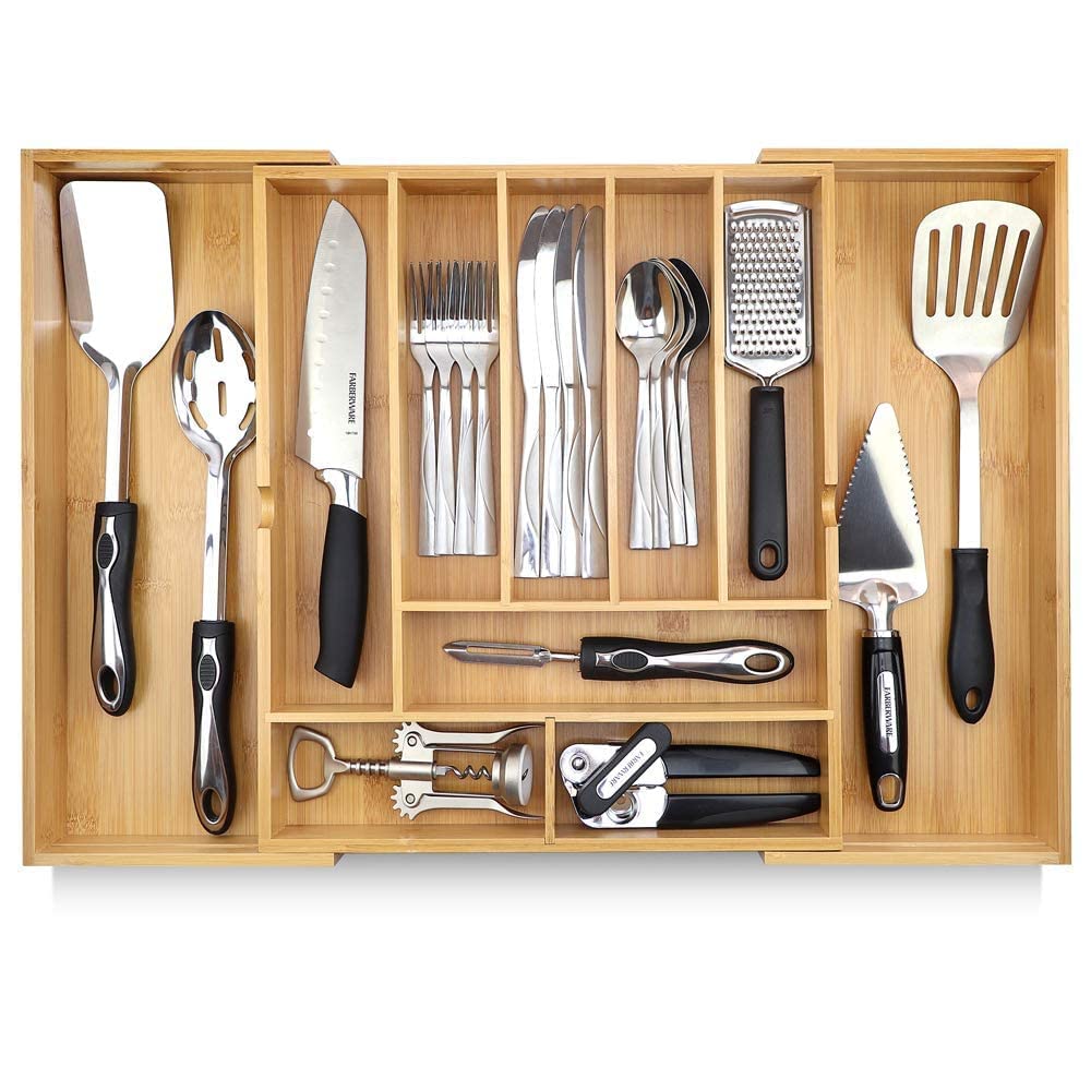 Silverware Organizer - Expandable Kitchen Drawer Organizer - Adjustable Kitchen Drawer Organizer for Utensils, Expandable to 22 Inches Wide, 10 Compartments, Silverware Tray for Drawer