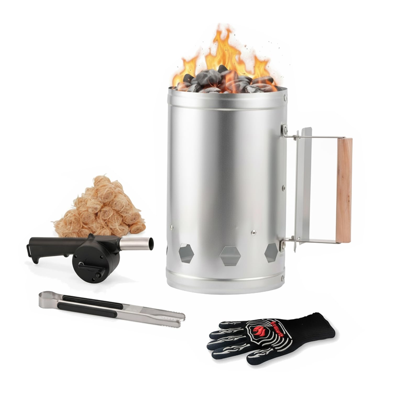 WILLBBQ Charcoal Chimney Starter Great for Fireplace, BBQ, Fire Pits, Barbecues, Chimineas, Campfires, Pizza Ovens - Zinc Steel BBQ Kit, 20 Starters, Heat Resistant Gloves Blower (Bright Black)