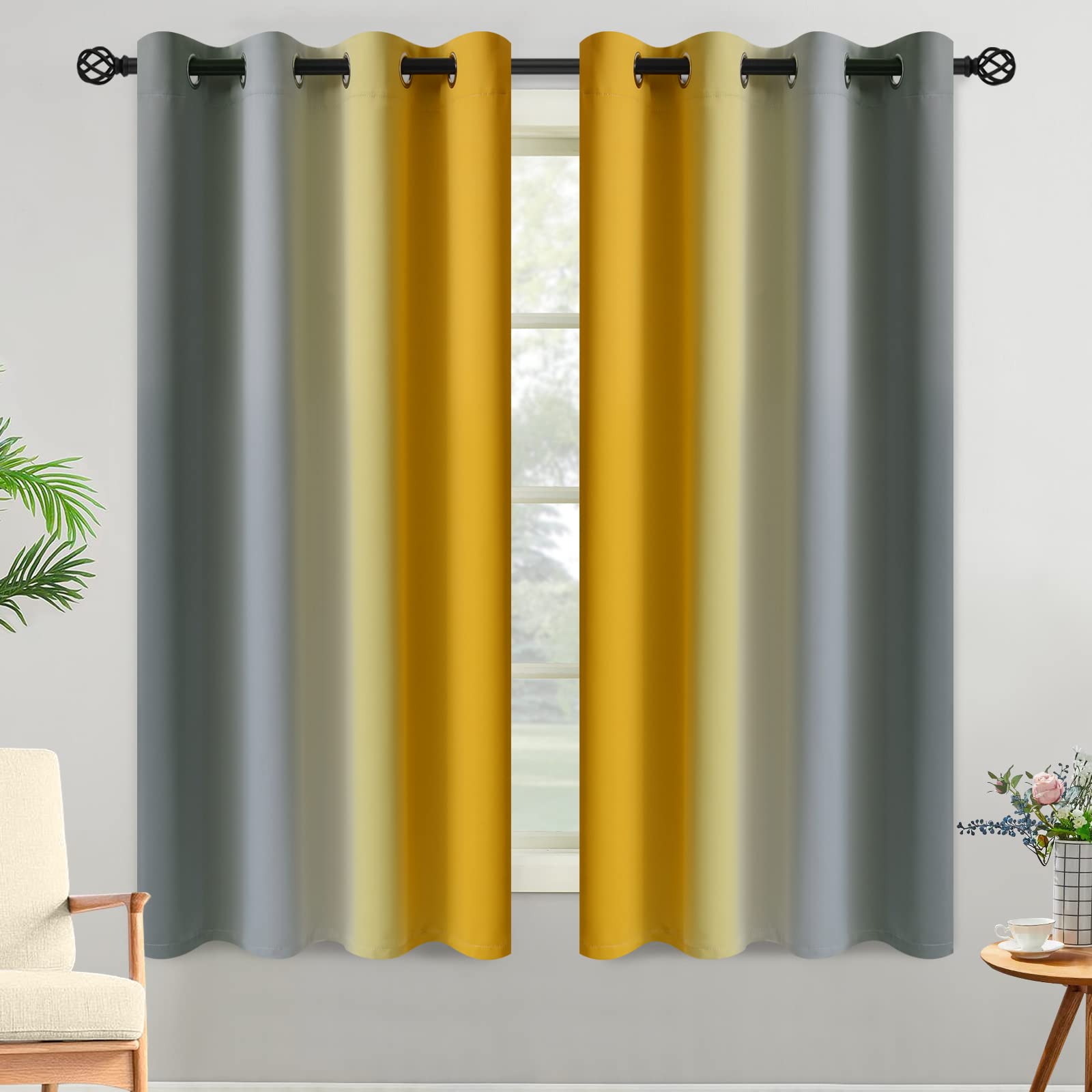Yakamok Blue and Greyish White Ombre Curtains, Room Darkening Gradient Color Curtains for Bedroom, Light Blocking Thermal Insulated Window Drapes for Living Room(2 Panels, 52x84 Inch)