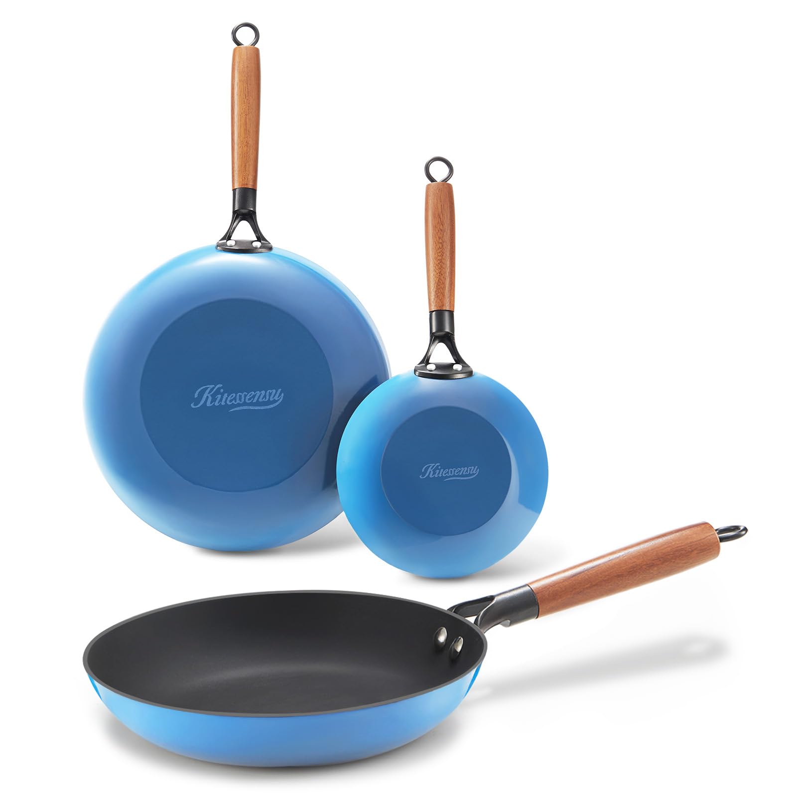 KITESSENSU Enameled Cast Iron Skillets - Non Stick Frying Pans Set with Durable Wooden Handle - 10&12 Inch Titanium Cast Iron Pans for Multi-Cooking - Pre Seasoned Cookware Set - Gradual Cobalt Blue