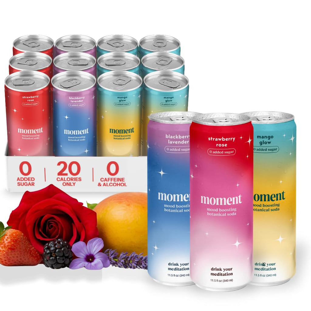 Moment Botanical Soda (Shark Tank) - Calm, Clarity & Relaxation with L-Theanine & Ashwagandha - Non Alcoholic Drinks for Adults - Sparkling Adaptogen Drink - 0 Sugar 0 Caffeine - 12 Pack 11.5 fl oz