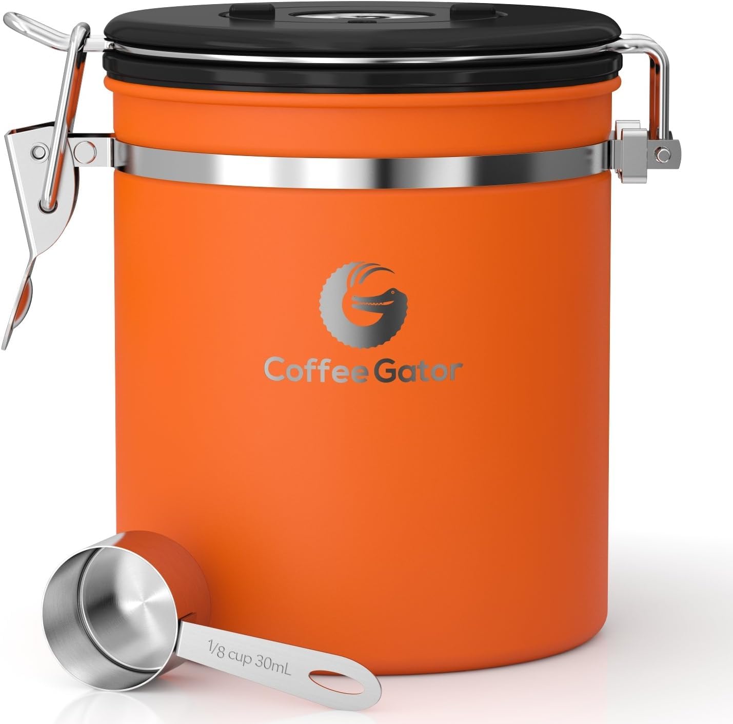 Coffee Gator Stainless Steel Canister - Medium 16oz, Gray Coffee Grounds and Beans Container with Date-Tracker, CO2-Release Valve, and Measuring Scoop - Ideal Coffee Lovers Gifts