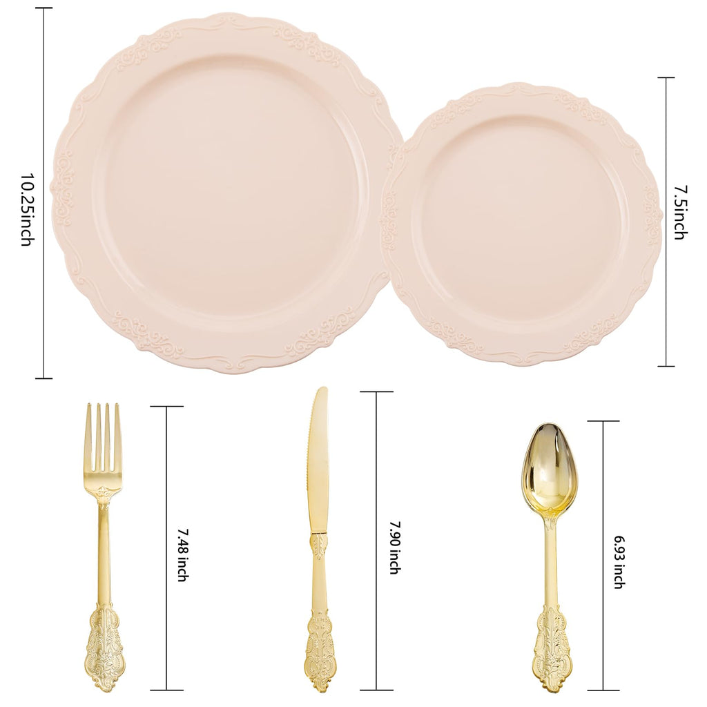 DaYammi 150Pcs Ivory Plastic Plates with Gold Rim,Disposable Plastic Plates Include 30 Dinner Plate,30 Salad Plate,30 Forks,30 Spoons,30 Knives,Ivory and Gold Plates for Party,Wedding,Mother's Day