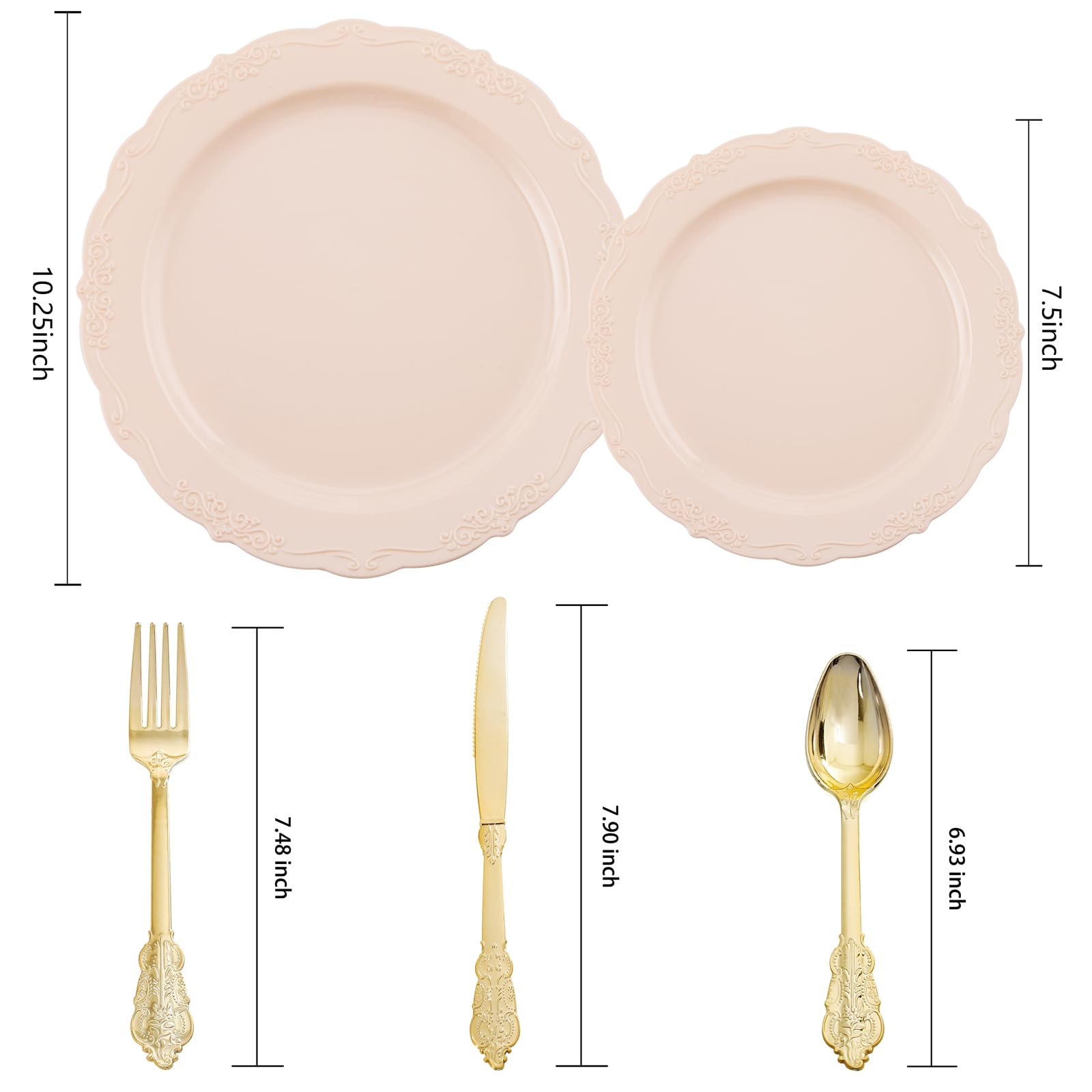DaYammi 150Pcs Ivory Plastic Plates with Gold Rim,Disposable Plastic Plates Include 30 Dinner Plate,30 Salad Plate,30 Forks,30 Spoons,30 Knives,Ivory and Gold Plates for Party,Wedding,Mother's Day