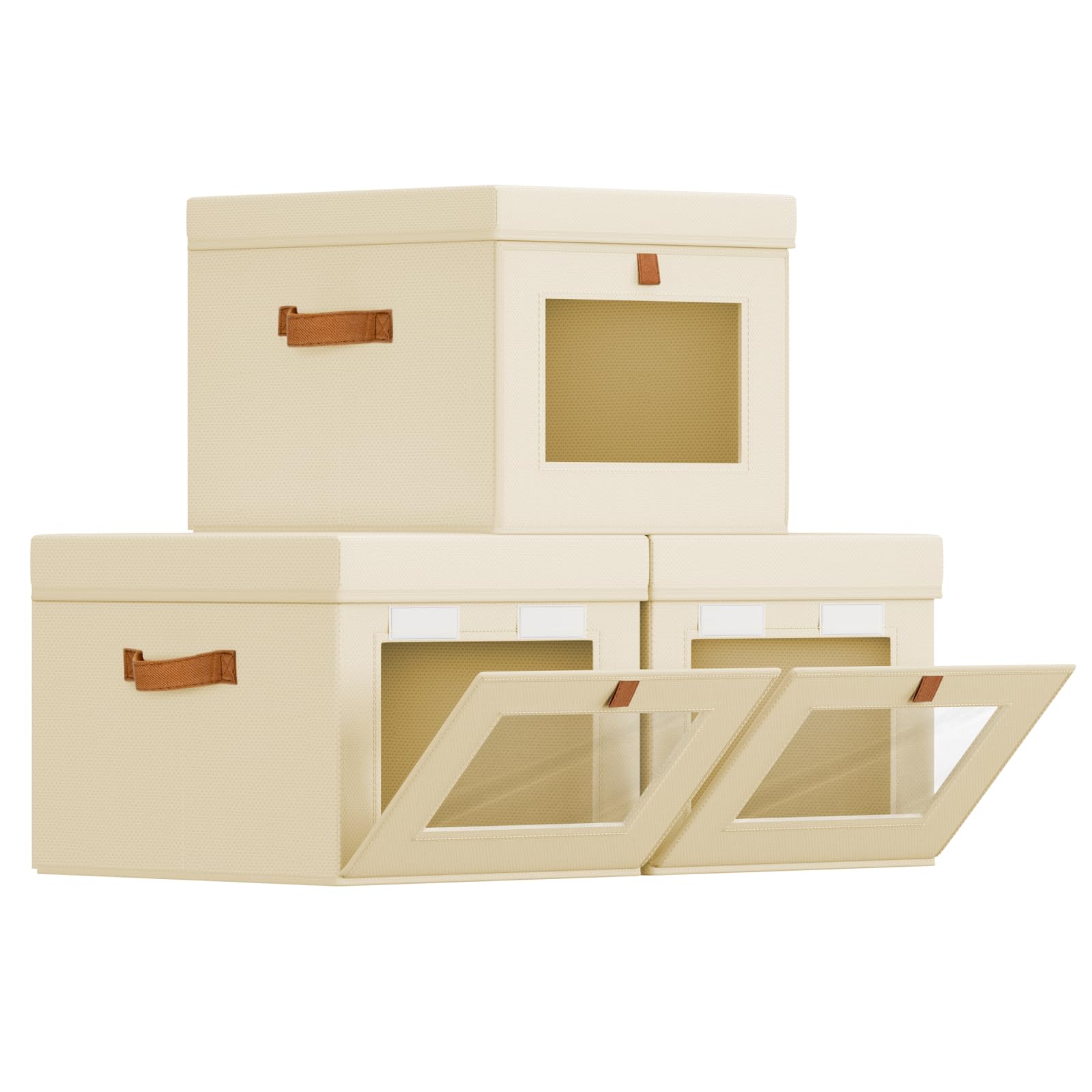 Homsorout Large Storage Bins with Lids - Front Opening Fabric Storage Bins, Flap Closet Organizer with Handles, Collapsible Boxes with Lid, Decorative Basket for Home, Dorm, 2 Pack, Beige