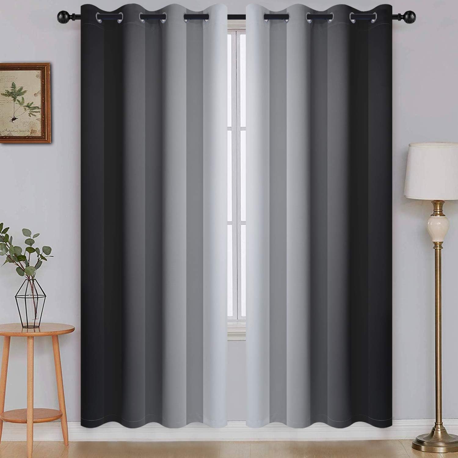 SimpleHome Ombre Room Darkening Curtains for Bedroom, Gradient Black to Grey White Light Blocking Thermal Insulated Grommet Window Curtain/Drapes for Living Room,2 Panels, 52x84 inches Length