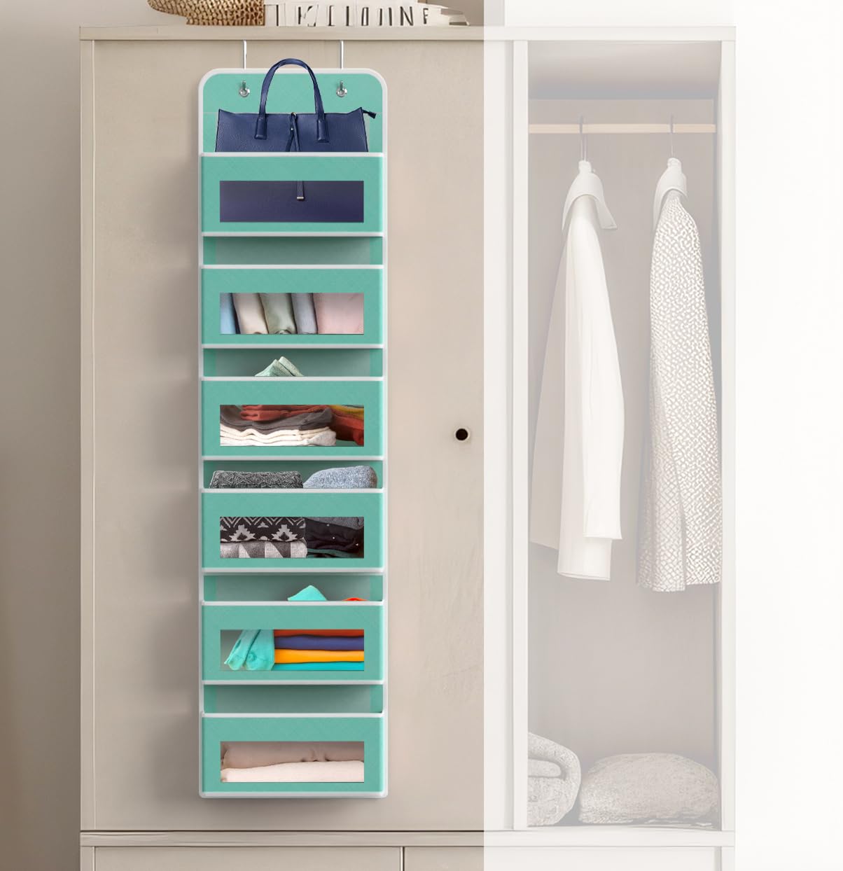 Simple Houseware 6 Clear Window Pocket Over Closet Door Storage Hanging Organizer for Bedroom, Bathroom, Pantry, Beige