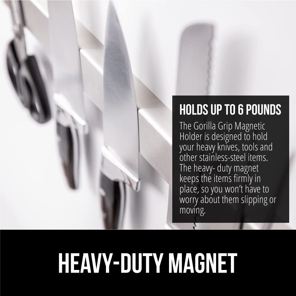GORILLA GRIP 304 Stainless Steel Magnetic Knife Holder for Wall, Magnet Bar for Knives, Tools, Heavy Duty Metal Strip Holds Up to 6 lbs, Kitchen Home Organizer, 10 in, Non-Adhesive, Drilling Required
