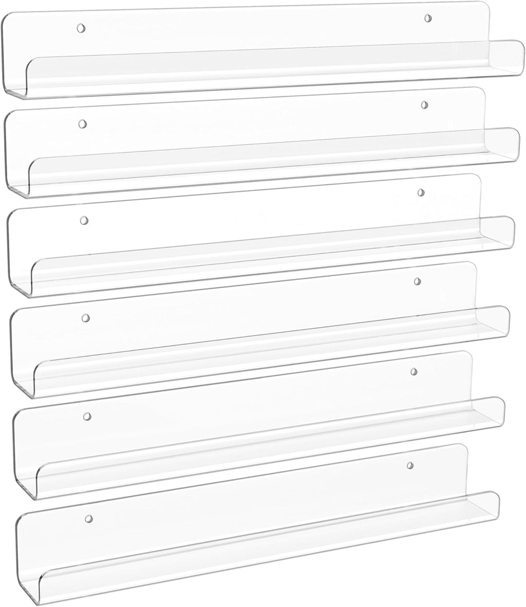upsimples 6 Pack Clear Acrylic Shelves, 1.7" x12" Nursery Bookshelves, Small Floating Bookshelf for Kids Baby, Vinyl Wall Mount, Record Holder, Magazine Rack, Comic Display, Picture Ledge Shelf Décor
