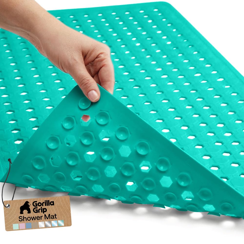 GORILLA GRIP Patented Bath Tub Shower Mat, Machine Washable Bathtub Floor Liner Mats, Suction Cups and Drain Holes to Keep Tubs Clean, Soft on Feet, Bathroom Essentials, 35x16 Inch, Clear