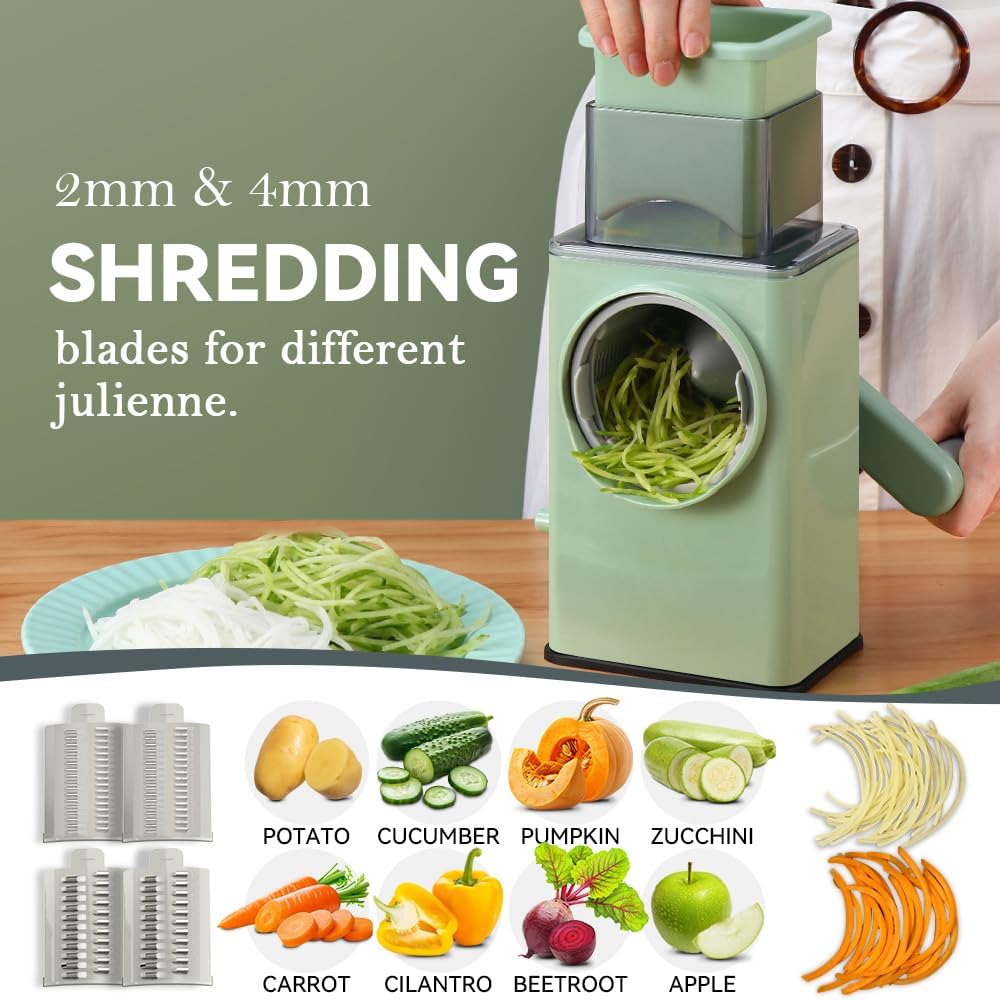 KEOUKE Rotary Cheese Grater 5 in 1 Green - Hand Crank Vegetable Cutter, Shredder, Slicer, Enlarge Input, Suction Base, Labor-Saving Handle, Blade Storage Box, for Onion, Potato, Vegetable, Nuts, etc