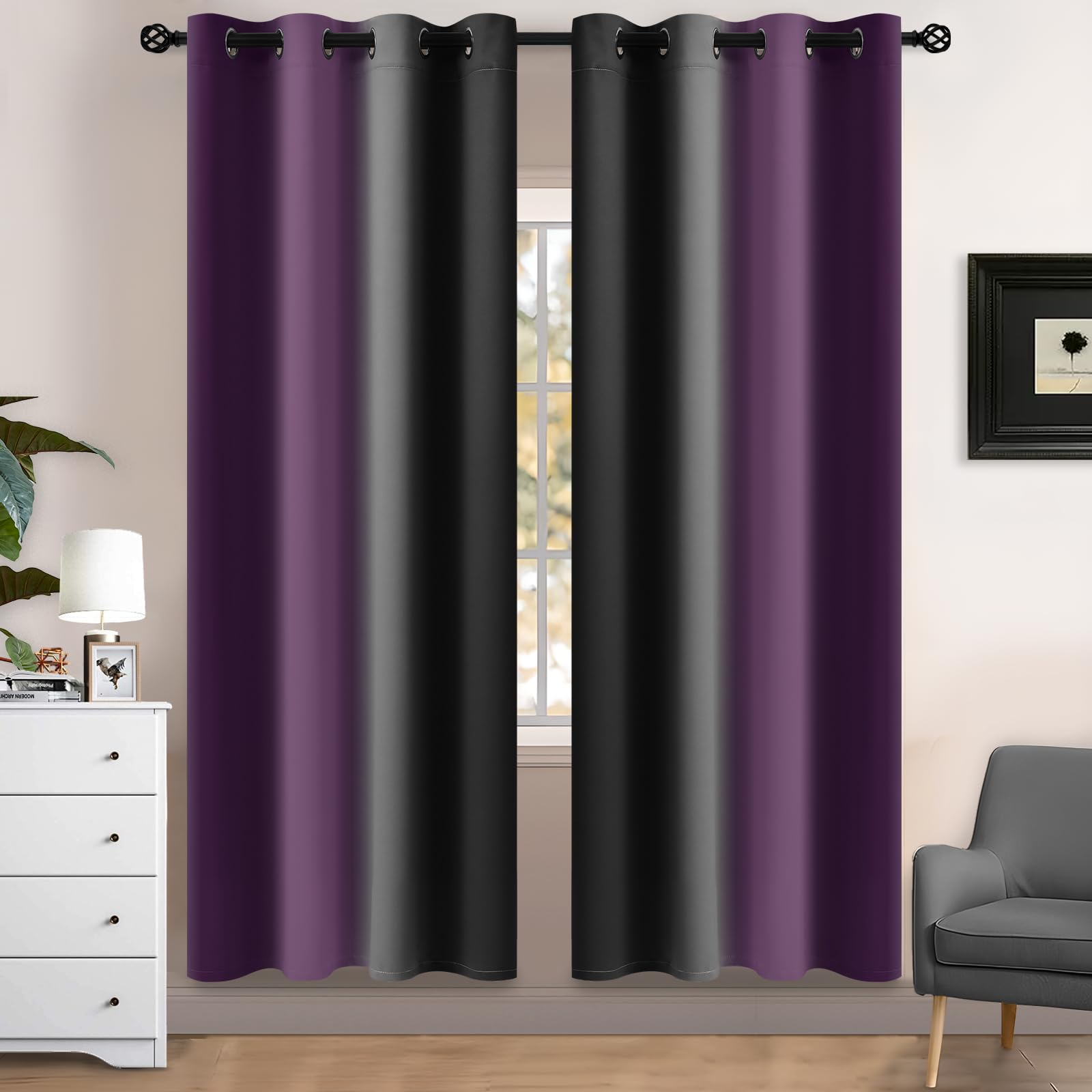 Yakamok Blue and Greyish White Ombre Curtains, Room Darkening Gradient Color Curtains for Bedroom, Light Blocking Thermal Insulated Window Drapes for Living Room(2 Panels, 52x84 Inch)