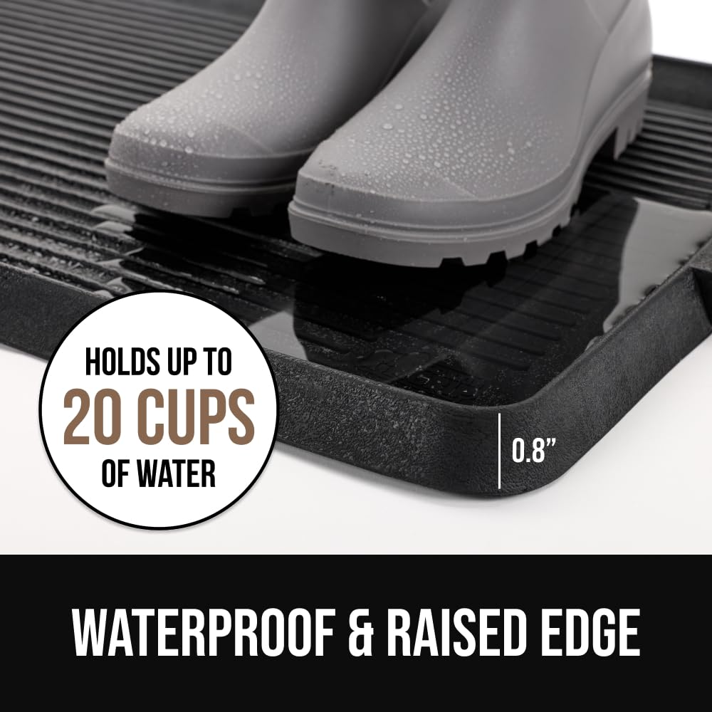 GORILLA GRIP Natural Rubber Indoor Outdoor Boot Tray for Shoes, 32x16, Waterproof Winter Mat with Raised Edges, Handles, Tear Resistant Heavy Duty Home Garage Floor Mats, Easy Clean Shoe Trays, Black