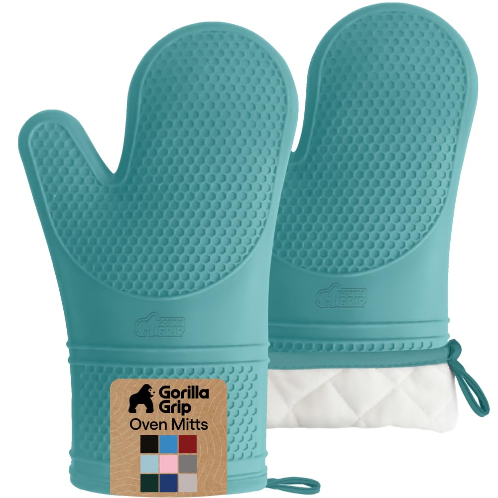 GORILLA GRIP BPA-Free Soft Silicone Oven Mitts, Heat Resistant and Waterproof Cooking Safety Gloves, Thick Cotton Lining, Flexible Gripping, Kitchen Potholders Set, for Grilling, BBQ, 12.5x8.3, Black