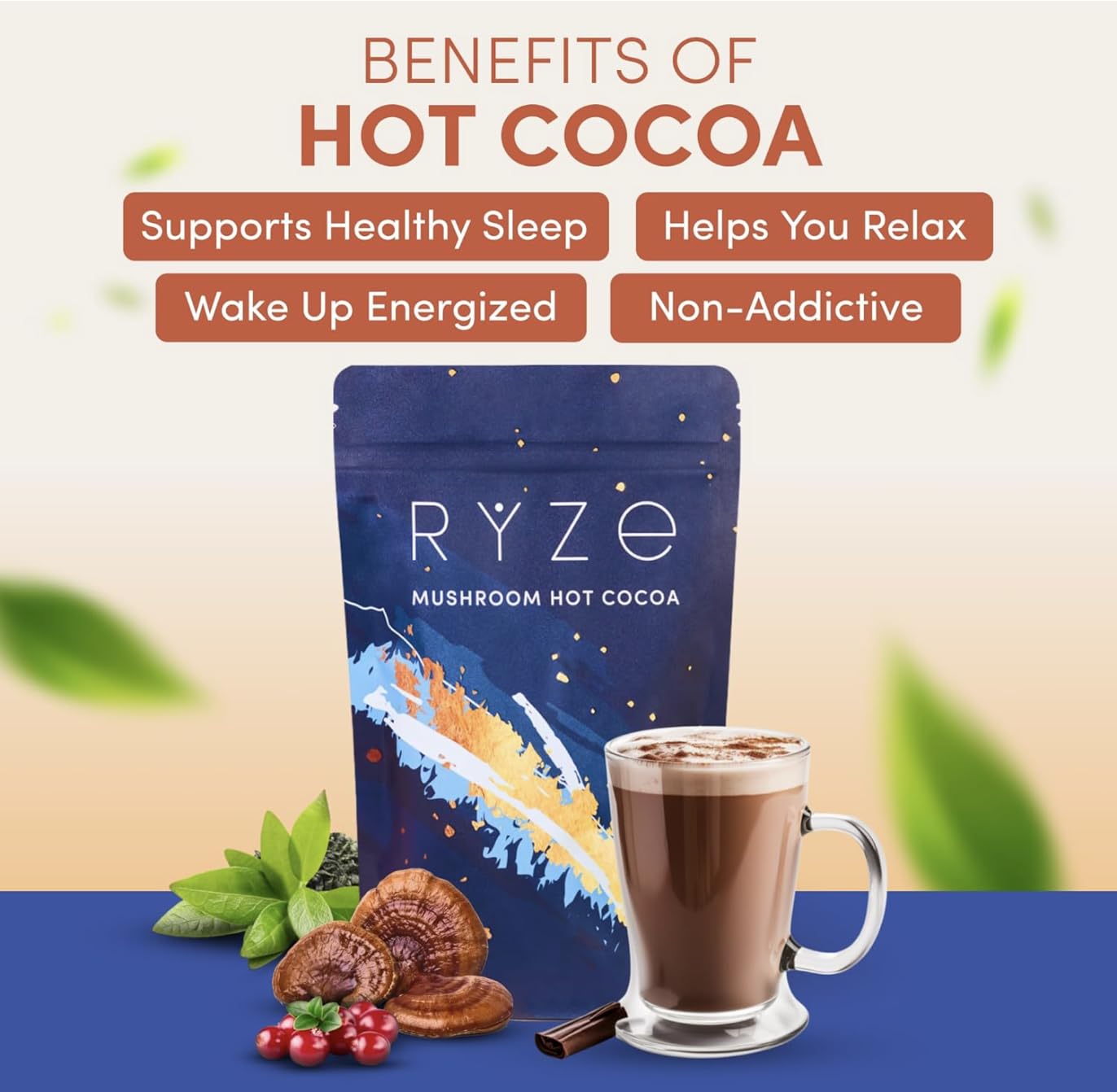 RYZE SUPERFOODS Day + Night Bundle with Mushroom Coffee and RYZE Hot Cocoa, USDA Organic Mushroom Coffee with 6 Adaptogenic Mushrooms & MCT Oil, Hot Cocoa Keto Sleep Aid with Melatonin, 30+20 s