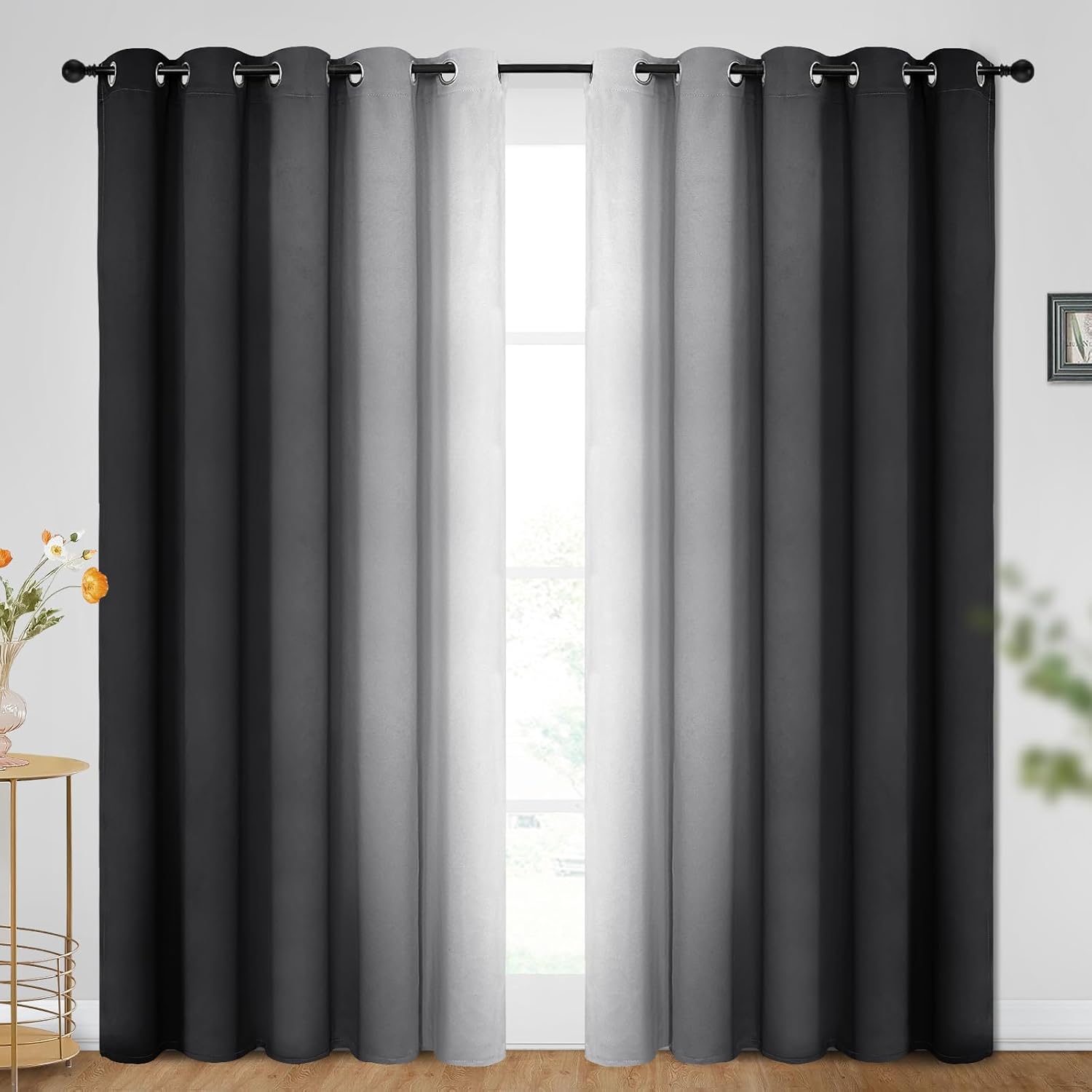 SimpleHome Ombre Room Darkening Curtains for Bedroom, Gradient Black to Grey White Light Blocking Thermal Insulated Grommet Window Curtain/Drapes for Living Room,2 Panels, 52x84 inches Length