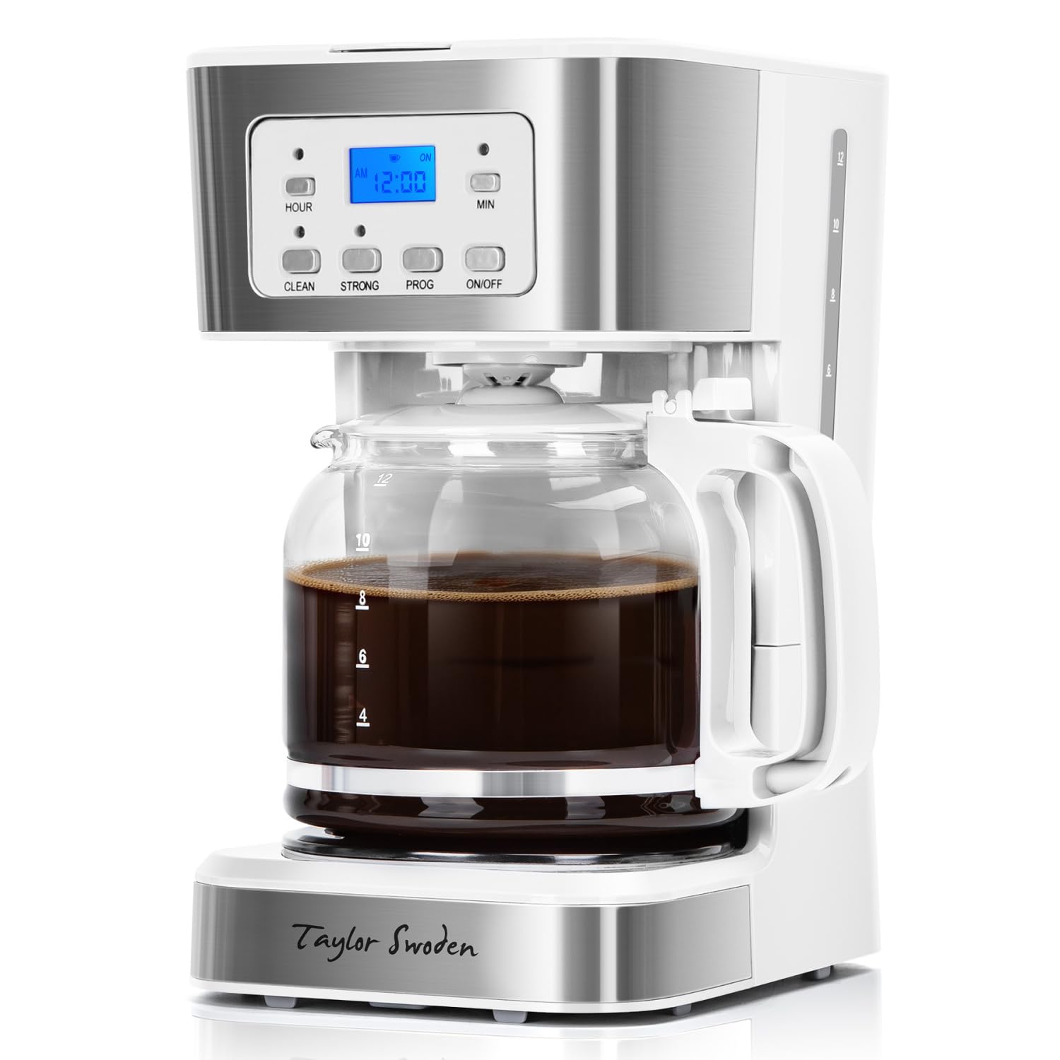Taylor Swoden 12-Cup Programmable Coffee Maker, Regular & Strong Brew Drip Coffee Machine for Home and Office, Glass Carafe, Pause & Serve, Auto Shut Off, Black & Stainless Steel