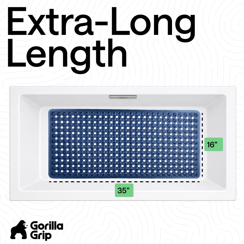 GORILLA GRIP Patented Bath Tub Shower Mat, Machine Washable Bathtub Floor Liner Mats, Suction Cups and Drain Holes to Keep Tubs Clean, Soft on Feet, Bathroom Essentials, 35x16 Inch, Clear