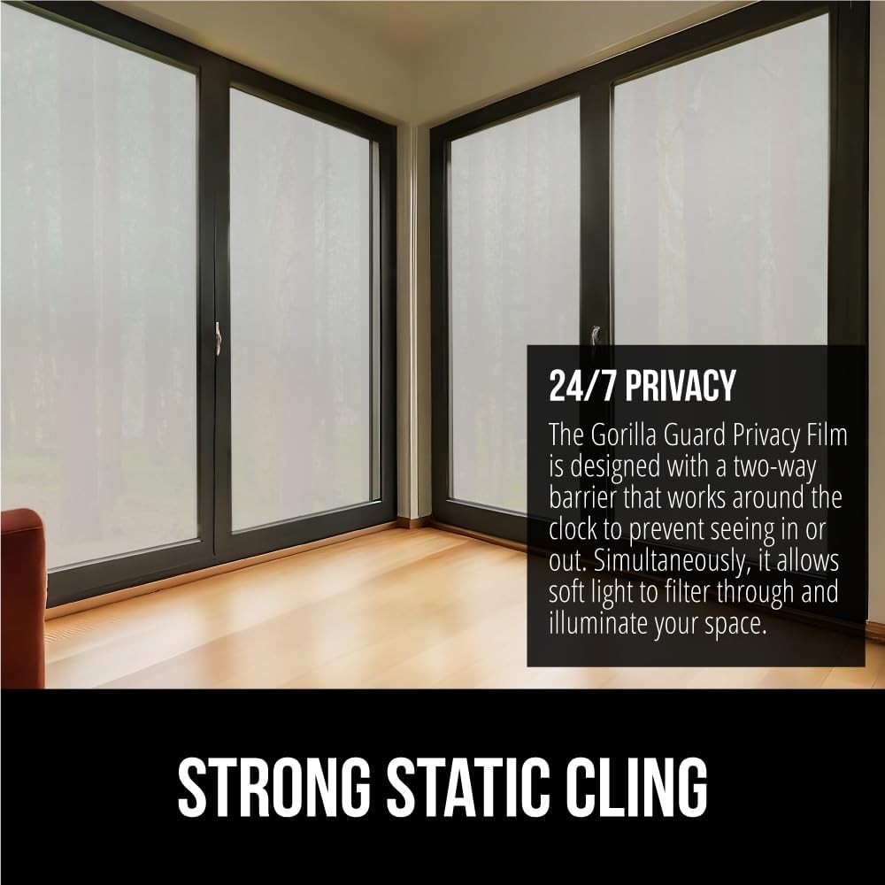 Gorilla Guard Window Privacy Film, Removable Two Way Sun Blocking, Reusable No Residue Stickers, Strong Static Clings to Glass Windows, Decorative Bathroom Door Coverings, 17.5 x 78.7 Inch, Frosted
